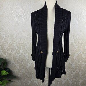 Debbie Morgan Size Medium Black Knit Cardigan Sweater Brass Toned Button Accents